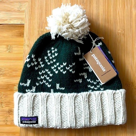 Brand New Patagonia Women's Snowbelle Beanie Wool Pom Hat Evergreen Flakes - Picture 2 of 14